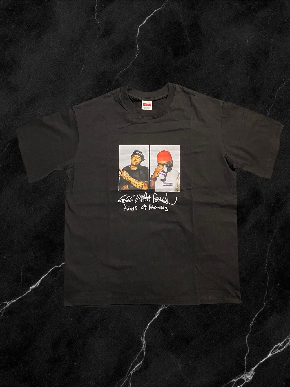 Supreme Black Tee with Red Beanie Photo Graphic